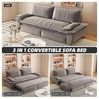 KEIKI 73.2" Queen Sleeper Sofa Bed, 3-in-1 Convertible Pull-Out Couch with Adjustable Backrest, Modern Velvet Loveseat Sofa for Home Office, Studio Apartment, Guest Room & Small Space Living - color: Grey, size: 73.2 Inch Queen