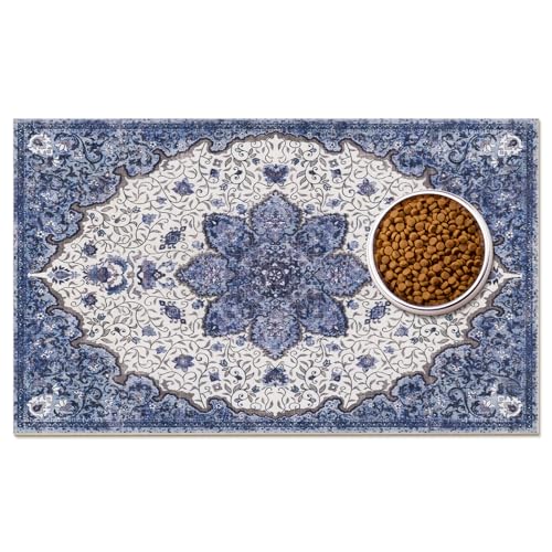 Boho Dog Feeding Mat, Absorbent Cat Matt for Food, Non Slip Pet Water Bowl Placemat Small for Floor, Cream & Dark Blue Indoor Dog Eating Dish Mat 12"x20" - color: Cream & Dark Blue, size: 12"L x 20"W