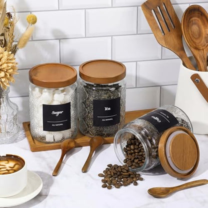 3 Pack 24 oz Glass Coffee Container with Wooden Tray Lid Spoon Labels Clear Airtight Glass Jar Food Storage Kitchen Canisters Set Decorative Coffee Bar Containers for Sugar Candy Tea Flour - size: 24 oz