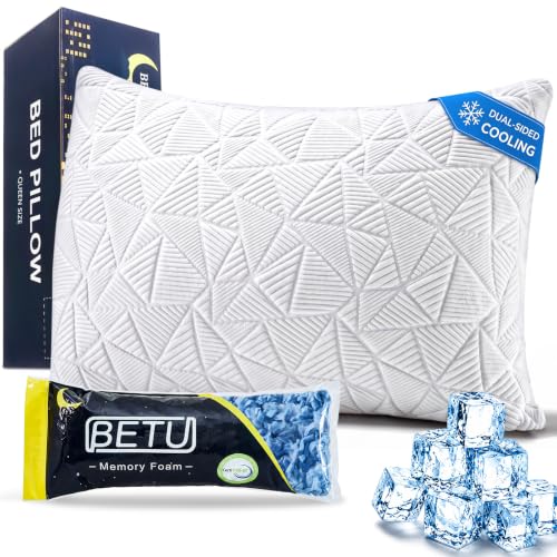 BETU Enhanced Cooling Pillow Queen Size, Shredded Memory Foam Cool Pillow for Hot Sleepers, Two Sided Cool Adjustable Firm Soft Support Bed Pillows Perfect for Side, Back, Stomach Sleepers, White - color: White(coolest), size: Queen (1 Count)