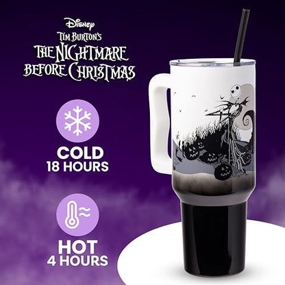 Silver Buffalo Disney Nightmare Before Christmas by Tim Burton Jack Skellington Hill and Moon Double Walled Stainless Steel Tumbler with Handle and Straw, Fits in Standard Cup Holder, 40 Ounces - color: Nightmare Before Christmas Hill and Moon Scene