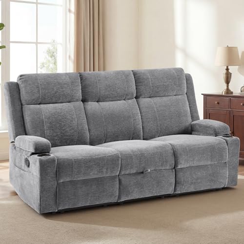 Manual Reclining Sofa, Space-Saving Reclining Couch with Convertible Table & Cup Holders & Storage Pockets, Compact 3-Seater Recliner Couch for Living Room, Home Theater & Apartment (Grey) - color: Grey, size: 3 Seat