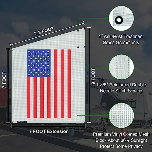 Tentproinc RV Awning Side Shade Screen 9' X 7' - (American Flag) Gray Mesh Screen Sunshade Complete Kits Camping Trailer Motorhome Awning Shadescreen UV Sun Blocker - 3 Year Warranty - color: AFG-Gray
