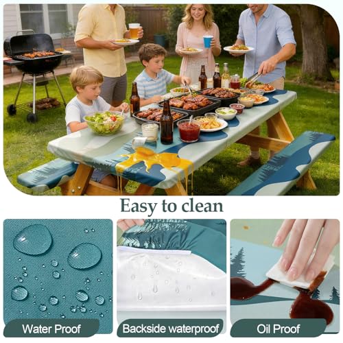 Picnic Table Cover with Bench Covers Camping Essentials Waterproof Windproof Camping Tablecloth with Drawstring Bag, Fitted Rectangle Tables and Seats, 96in, Green Blue - color: Green Blue, size: 96in