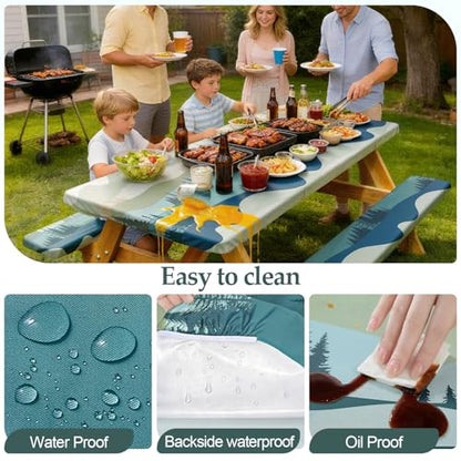 Picnic Table Cover with Bench Covers Camping Essentials Waterproof Windproof Camping Tablecloth with Drawstring Bag, Fitted Rectangle Tables and Seats, 96in, Green Blue - color: Green Blue, size: 96in