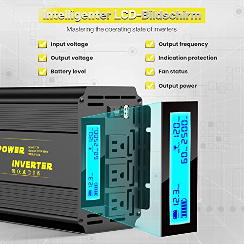 2500 Watt Modified Sine Wave Power Inverter, 12V DC to AC 110V/120V (Peak) 5000W Converter 3 Outlet Car Inverter with Remote Control and LED Display 3.4V USB Port - size: SY-12V-2500
