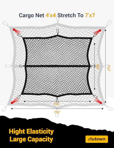 AUTOWN Cargo Net for Pickup Truck Bed - Stretchable 4'x4' to 7'x7', High Elastic Fine Mesh 1''x1'' with 8 Metal Carabiners - Ideal for ATV, SUV, UTV, Truck and Boat Use (Single Layer) - size: Single Layer