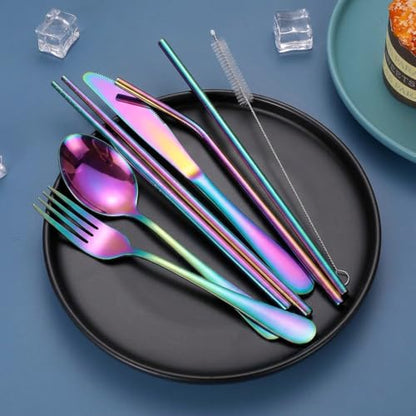 Portable Stainless Steel Flatware Set, Travel Camping Cutlery Set, Portable Utensil Travel Silverware Dinnerware Set with a Waterproof Case (Rainbow) - color: Rainbow