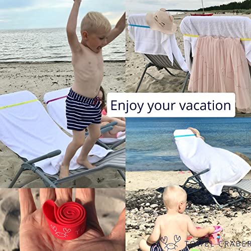 Towel Crabber Silicone Towel Bands for Beach Chairs (6 Pack) – Beach, Pool & Cruise Essentials, No Snap, Non-Bulky, Fits Most Pool & Lounge Chairs, A Smart Alternative to Towel Clips - color: Red, Blue, Black, Green, Yellow, Purple
