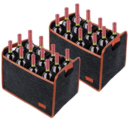 2 Pack 12 Bottle Wine Tote Bag Insulated Thermal Padded Collapsible Wine Carrier with Handles Reusable Felt Storage Box for Travel, Picnic, Party (Dark Gray)