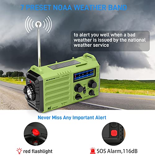 NOAA Weather Radio, Emergency Hand Crank Radio with Solar Charger, Portable Battery Operated AM FM Shortwave Radio with LED Flashlight, USB Charger, Earbud Jack, SOS Alert for Home Survival Hurricane - color: Green
