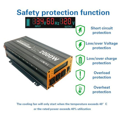 2000 Watt Power Inverter Converter, Car/Truck/RV 12V DC to 110V AC Converter, with LED Display, 3AC Outlets, USB Port - size: 2000W