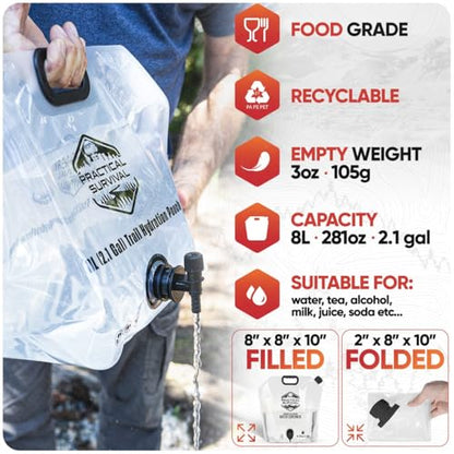 2 Collapsible Water Container Bags with Premium Spigot - 2.1 Gallon/8L BPA-Free Portable Water Storage Jug for Hurricane Preparedness, Camping, Backpacking - 2 Pack