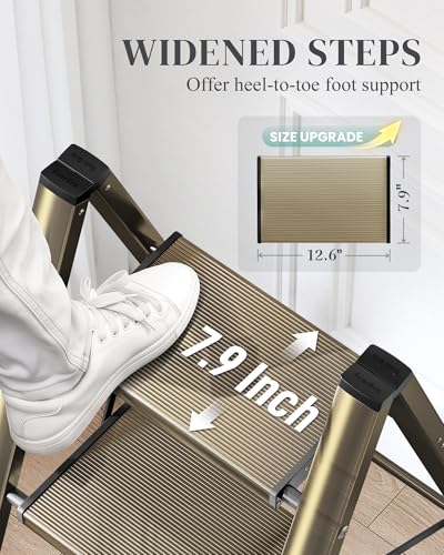 3 Step Ladder, Folding Step Stool with Wider Pedal, Anti-Slip Feet & Non Slip Stripes, Aluminum Sturdy Material, 300Lbs Capacity, Elegant Look of Champagne Gold Better Matches Your Home - color: Champagne Gold, size: 3 Step