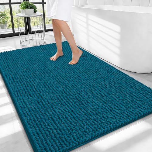 OLANLY Thick Large Bathroom Rugs 40x32, Extra Soft Absorbent Chenille Bath Rugs, Rubber Backing, Machine Wash Dry, Bath Mats for Bathroom Floor, Tub and Shower, Home Decor Accessories, Peacock Blue - color: Peacock Blue, size: 40" X 32"