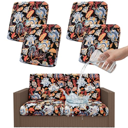 Smiry Waterproof Patio Cushion Covers, Stretch Outdoor Couch Slipcovers Replacement Washable Furniture Protector Sofa Chair Seat Cover for Dogs and Pets (4 Pcs, Black and Orange) - color: Black and Orange, size: 4PCS