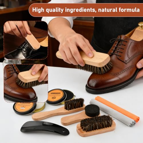 9-in-1 Shoe Polish Kit with 3 Brushes, 2 Shoe-Polishes and more, Shoe-Shine-Kit for Leather Shoe Boot Cleaning and Care(COLOR:Brown)