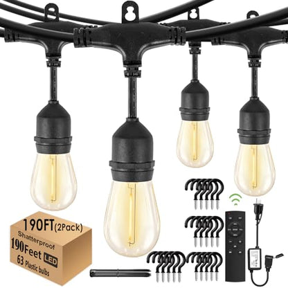 190FT Remote Controlled Outdoor String Lights Patio String Lights for Outside, 60+3 Shatterproof S14 Warm Lights String Outdoor for Bistro Café Gazebo Backyard, Linkable, 2 Pack - size: 190FT