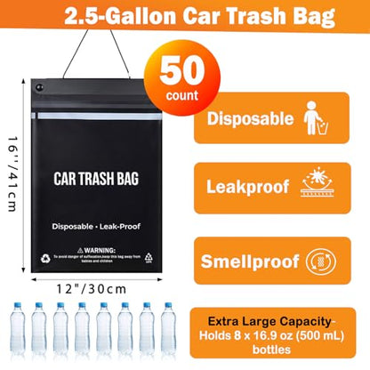 50 Count Recycled Disposable Car Trash Bags - 2.5 Gallon Heavy Duty Alternative to Bulky Car Trash Can & Car Garbage Can, Leakproof Smellproof Hanging & Stick-On Garbage Bag for Car, SUV, Truck - color: 50 Count(Black)