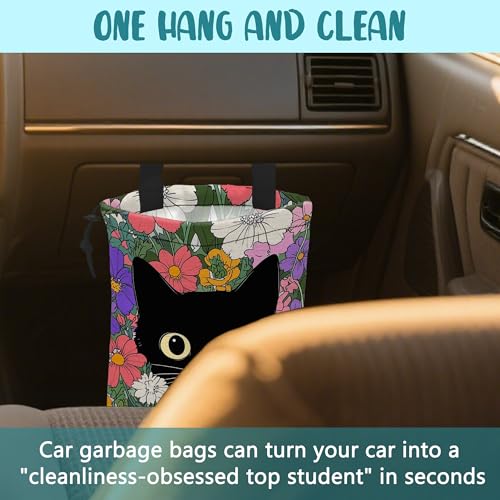 Car Garbage Bag A Black Cat Hiding Behind Flowers Drawstring Car Trash Bag Hanging for Back Seat with Adjustable Buckle Canvas Vehicle Trash Can Easy-to-Install - color: A Black Cat Hiding Behind Flowers
