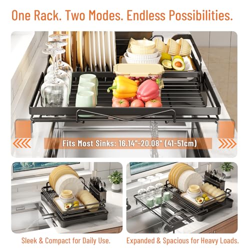 PureBox Extendable Dish Rack for Kitchen Sink - Heavy-Duty Adjustable Over Sink Drying Rack with Utensil Holder & Drain Tray, Space Saving Steel Frame Dish Rack (Black)