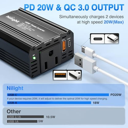 Nilight 150W Power Inverter 12V DC to 110V AC Car Converter with PD 30W USB C & QC3.0 for Phones Tablets Laptop Computer Game Console Kindle iPad DVD Players Black - color: 150W USB+PD 110V Outlet
