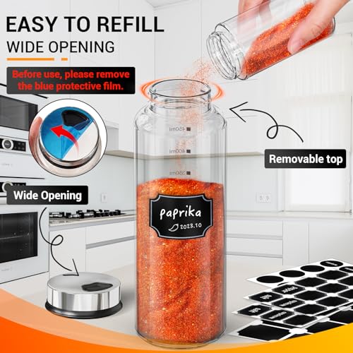 Segarty Spice Jar with Labels, 3 Pack 15oz Glass Spice Shakers with Adjustable Pour Lids, Clear Large Spices Bottles for Herb Salt Pepper, Condiment Containers with 136 Labels, 1 Marker Pen and Brush - size: 15oz / 450ml