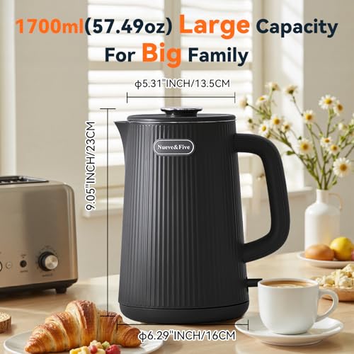 Nueve&Five 1.7L (57oz) Large Electric Kettle Perfect for 7+Cups of Tea and Coffee,2 quarts Double Wall Big Electric Tea Kettle,Auto Shut Off,1200W Hot Water Kettle Electric-Black - color: Black