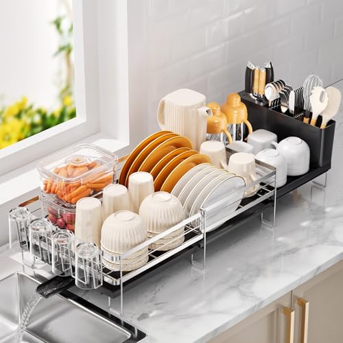Delamu Stainless Steel Dish Drying Rack, Expandable Dish Drainer, Anti-Rust Large Dish Racks for Kitchen Counter, Dish Strainers with Drainboard, Utensil & Cup Holder, 13.4"-28.7" L x 11.8" W, Silver - color: Silver