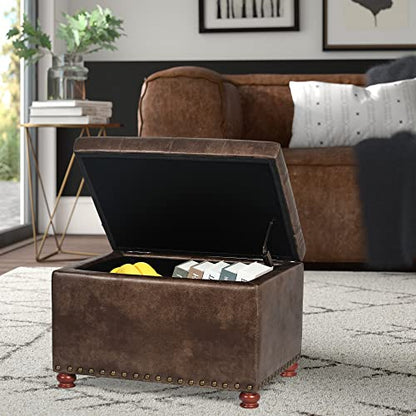 Leather Ottoman with Storage,24’’Foot Rest Ottomans with Hinged Lid Rectangle Upholstered Foot Stools Nailhead Trim for Living Room Bedroom,Brown - color: Brown