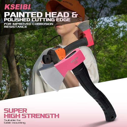 KSEIBI Hatchet with Sheath, Camping Axe for Splitting and Kindling Wood, Forged Steel Blade with Anti-Slip and Shock Reduction Handle Great Throwing Hatchets Pink - style: Rosy Riviera