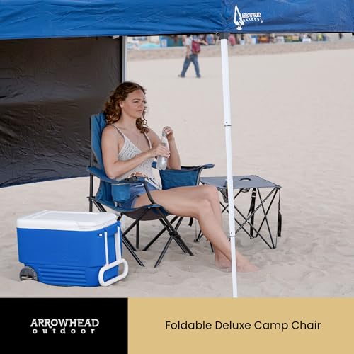 ARROWHEAD OUTDOOR 2-Pack Portable Deluxe Folding Camp Quad Chair w/Headrest, Glass & Cup Holders, Armest 6-can Cooler, Heavy Duty Carry Bag, 550 lbs Weight Capacity - color: Blue 2pack