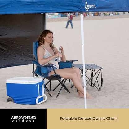 ARROWHEAD OUTDOOR 2-Pack Portable Deluxe Folding Camp Quad Chair w/Headrest, Glass & Cup Holders, Armest 6-can Cooler, Heavy Duty Carry Bag, 550 lbs Weight Capacity - color: Blue 2pack