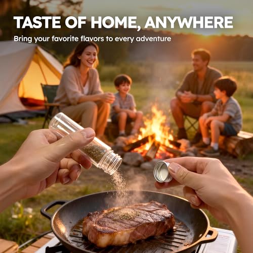 Portable Travel Camping Spice Kit, 12 Jars with EVA Bag, Funnel & Brush | 6 Mini Salt & Pepper Shakers, 6 Squeeze Bottles, Picnic Prep, Outdoor Travel Cooking, Compact carry