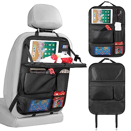 LUCMO Car Backseat Organizer with Foldable Tablet Holder, Black | 6 Storage Pockets,Foldable Food Tray,Protectors Kick Mats,Travel Accessories,Seat Cover,Road Trip Essentials - color: Black-2, size: 1 Pack with Food Tray