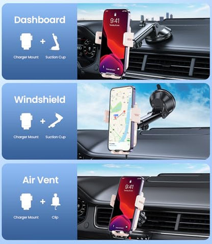 Wireless Car Charger, MOKPR 15W Fast Charging Auto-Clamping Car Mount Hands-Free Car Charger Mount for Dash Windshield Air Vent Compatible with iPhone 16 15/14/13/12, Samsung S23/S22/S21 Pink - color: Light pink