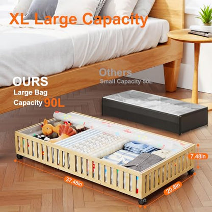 Bamboo Under Bed Storage Containers with Wheels, 40L UnderBed Drawers with Dust Bag, Breathable Under Bed Shoe Storage, Rolling UnderBed Clothes Storage, 1Pack - size: 37.48"L ×24.08"W, style: 1Pack