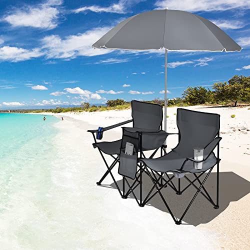 Goplus Double Camping Chair with Umbrella, Folding Loveseat Chairs w/Canopy Shade, Carrying Bag, Table, Cup Holder, Portable Beach Chairs Outdoor Picnic Patio (Grey) - color: Grey