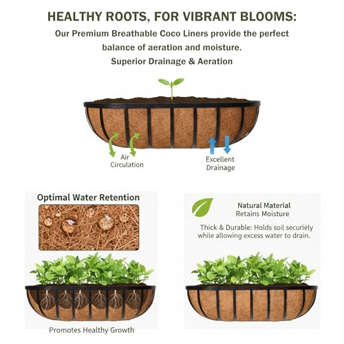 24“ Window Box Railing Planter with Coco Liner Metal Wall-Mounted Coconut Liner Planter Basket English Horse Trough Planters for Outdoor Deck Balcony Porch Fence Patio Black (2 Pack) - size: 24 Inch