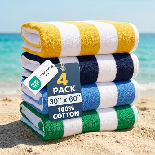 LANE LINEN Beach Towels 4 Pack - 520 GSM 100% Cotton Pool Towel for Adults – 30"x60" Beach Towels Oversized, Thick & Highly Absorbent - Super Soft & Quick Dry Cabana Stripe Large Towel Set - Suncrest - color: 03: Suncrest, size: 4 Pack: 30"x60"