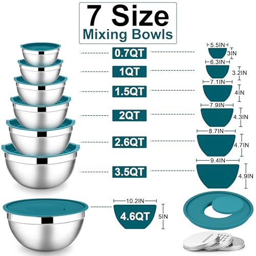 E-far Mixing Bowls with Lids Set, 7-Piece Stainless Steel Mixing Bowls with 3 Grater Attachments, Size 4.6, 3.5, 2.6, 2, 1.5, 1, 0.7QT, Metal Nesting Bowls & Blue Airtight Lids, For Baking/Cooking - color: Blue, size: 7 Regular Sizes