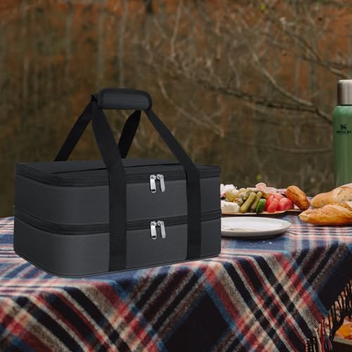 esouler Double Insulated Casserole Carrier Bag Hot & Cold Food Carrier Bag Lasagna Holder Lunch Bag for Picnics, Parties, Travel, Fits 9 x 13 Inches Casserole Dish-Black - color: Black, size: 16x10x7.2 in