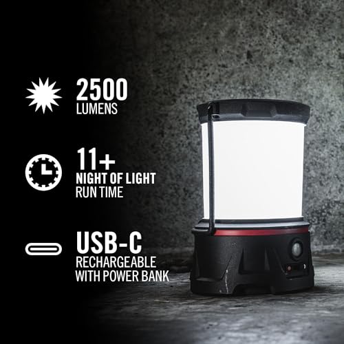 COAST EAL40R 2500 Lumen Rechargeable Emergency Camping Lantern with Red Flashing Mode, Carabiner, Diffuser, Foldeable Handle, Moonglow™ Low Mode, Illuminated Power Button, USB-C Power Bank