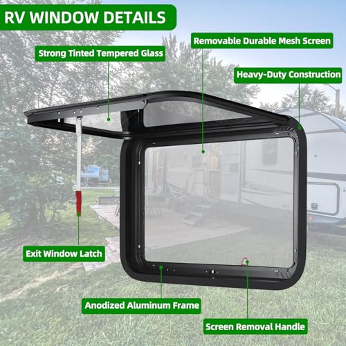 NOVINO RV Exit Window Replacement, 30" W x 22" H RV Emergency Window for Cargo Trailer Camper Travel Trailer Van with Screen&Trim Ring, Fit 1" or 1-1/2" Thick Wall,DOT Approved - size: 30"W x 22"H
