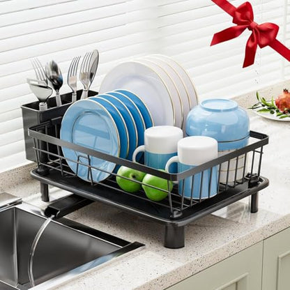 GAOKASE Dish Drying Rack, Stainless Steel-Dish Rack, Dish Racks for Kitchen Counter, Kitchen Dish Drainers with Removable Utensil Holder,New Drain Outlet,Plate Rack and Drainboard,Black - color: Black