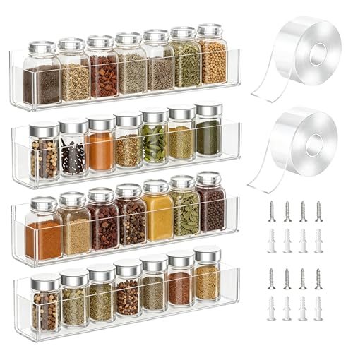 PMMASTO Adhesive Acrylic Spice Rack Organizer for Wall with 2 Nano Double Sided Tape, Spice Shelf Organization for Kitchen Cabinet Door/Pantry Door, Wall Mount Seasoning Rack (Clear-4 Pack) - color: Clear, size: 4 Pack-12" (Rack Only)