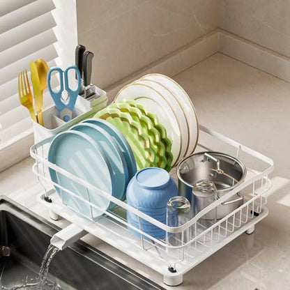 AIDERLY Auto Drain Metal Dish Drying Rack Dish Drainers, All White | with Draining Tray, Strainer, for Kitchen Counter, Sink - color: White