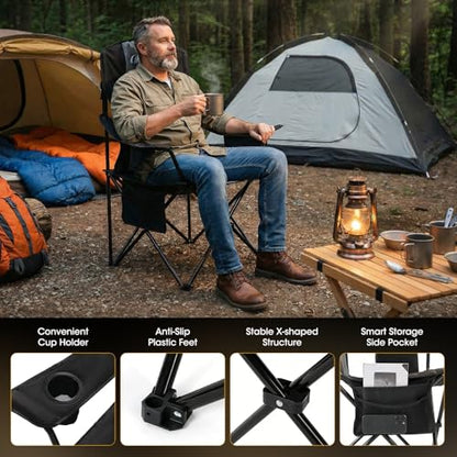 MOON LENCE Heavy Duty Camping Chair, 450LBS Capacity High Back Folding Chair with Cup Holder & Cooler Bag, Portable Outdoor Chair for Camping, Backyard, RV and Beach, 1 Pack