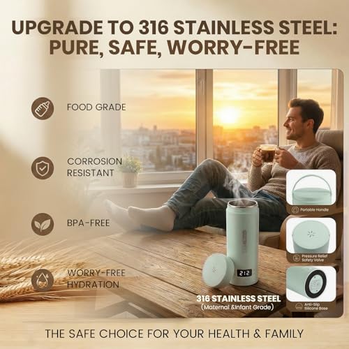 Portable Electric Kettle forTravel, Small Hot Water Kettle with NTC Temperature Control and Auto Shut-Off, 316 Stainless Steel, Green 120V & 15oz - color: green