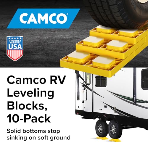 Camco RV Leveling Blocks - Features Interlocking Nested Design & Storage Bag for RV Storage and Organization - Each Leveling Block Measures 8.5" x 8.5" x 1" - 10-Pack, Design May Vary (44510) - size: 10-Pack, style: Leveling Block